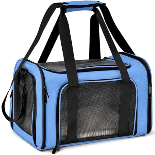 TOFFCAEA Transporttasche für Katze Hund, Hundetransportbox, Faltbare Katzentransportbox, tragbar, 8kg Katzen Hunde Tragebox, für mittelgroße Hunde, Katze (L, Blau) L 50 cm x B 34 cm x H 34 cm von TOFFCAEA