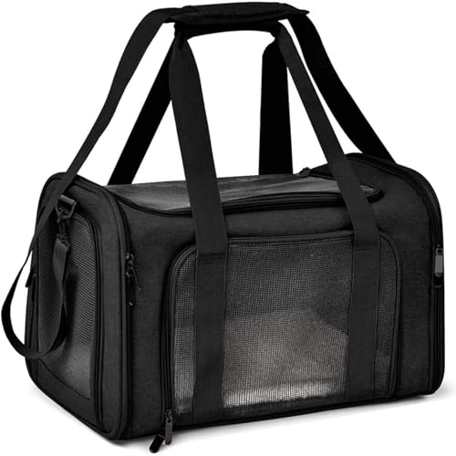TOFFCAEA Transporttasche für Katze Hund, Hundetransportbox, Faltbare Katzentransportbox, tragbar, 5kg Katzen Hunde Tragebox für mittelgroße Hunde, Katze (M, Schwarz) L 43 x B 28 x H 28 cm von TOFFCAEA