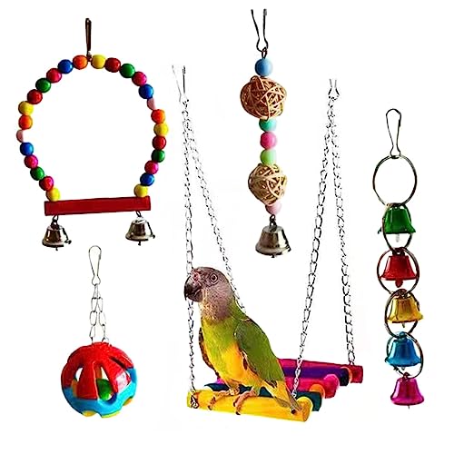 TOGEVAL 5 Stück Vogel Biss Spielzeug für Papageien und Sittiche Kauspielzeug aus Natürlichem Material für Haustiere mit Bunten Rattanbällen und Glocken für Vogelkäfige von TOGEVAL