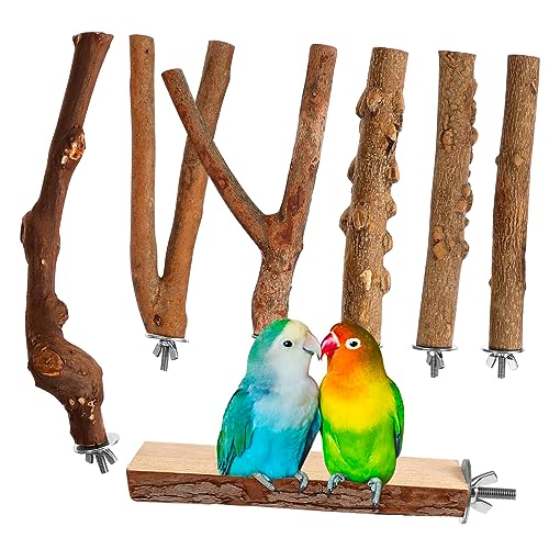 TOGEVAL 7 Stück Teiliges Natürliche Holz Sitzstangen Vogelkäfig Zubehör mit Extra Plattformen Robust und Spielerisch für Wellensittiche Papageien Kanarienvögel Einfache Schrauben von TOGEVAL