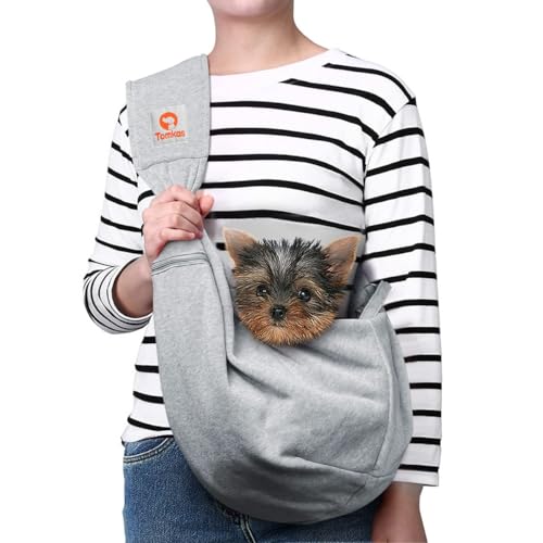 Tomkas Dog Carrier Sling - Pet Carrier for Small Dogs and Cats, Adjustable Strap, Zip Pocket, Snap Closure (Grey, M - Adjustable Strap Eu) von TOMKAS