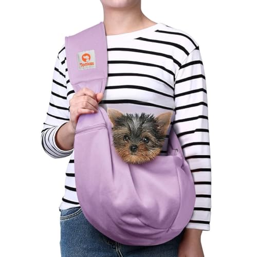 Tomkas Hundetragetuch - Haustiertragetasche für kleine Hunde und Katzen, Verstellbarer Gurt, Reißverschlusstasche, Schnappverschluss für Haustiere (Lila, M - Verstellbarer Gurt EU) von TOMKAS