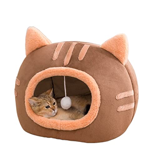 2-in-1-Katzenbetten, große Flauschige Katzenhöhle, Katzenversteck mit Ballaufhängung, for kleine Hunde, Welpen, Kätzchen (Color : Brown, Size : 35 * 35 * 30cm) von TONGDY
