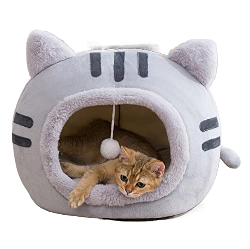 2-in-1-Katzenbetten, große Flauschige Katzenhöhle, Katzenversteck mit Ballaufhängung, for kleine Hunde, Welpen, Kätzchen (Color : Grey, Size : 35 * 35 * 30cm) von TONGDY