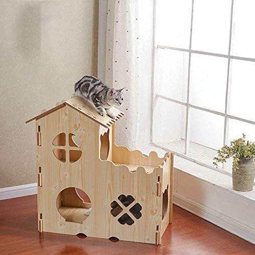 TONPOP Pet House Cat Nest House Massivholz-Katzen-Klettergerüst Indoor Use Pet Shelter for Puppys and Dogs Cat Castle (Color : Natural, Size : 75x36x80cm) von TONPOP