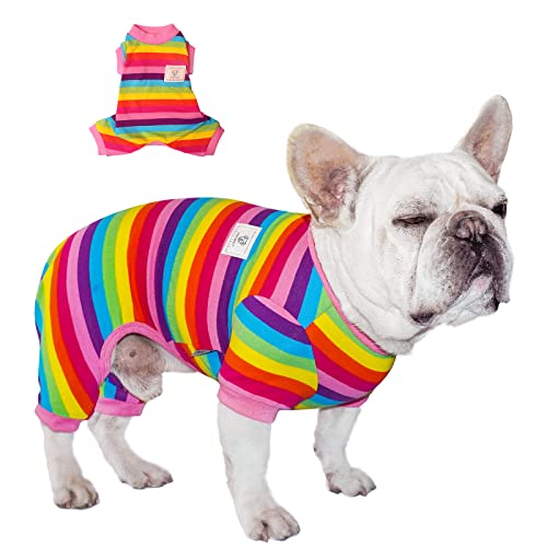 TONY HOBY Haustier-Kleidung für Hunde mit bunten Regenbogen-Streifen, Haustier-Einteiler für Welpen, PJS-Jumpsuit, weich, leicht, Baumwolle, Rosa von TONY HOBY