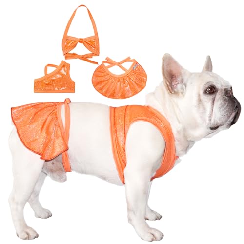 TONY HOBY Hunde-Badeanzug, glitzerndes Hunde-Bikini-Kleid, Strandkleid am Meer, Pool, Hunde-Badeanzug für kleine und mittelgroße Hunde (3 Stück, Orange, S) von TONY HOBY