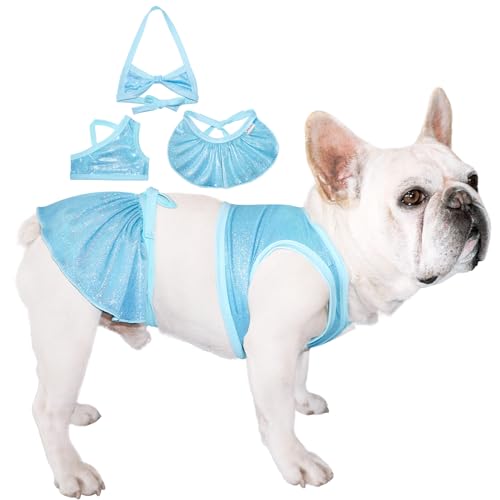 TONY HOBY Hunde-Badekleid, glitzernder Hunde-Bikini, Strandkleid am Meer, Pool, Hunde-Badeanzug für kleine, mittelgroße Hunde (3 Stück, Hellblau, L) von TONY HOBY
