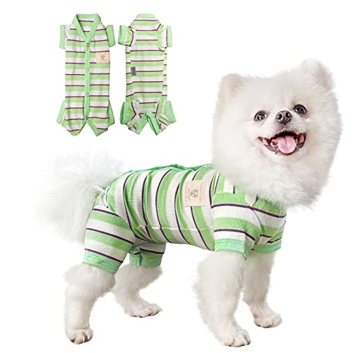 TONY HOBY Hunde-Pyjama, 4-beiniger Schlafanzug mit grünen Streifen, für Hündinnen, Haustierkleidung für kleine, mittelgroße Hunde (Grün und Weiß, Mädchen, XS) von TONY HOBY