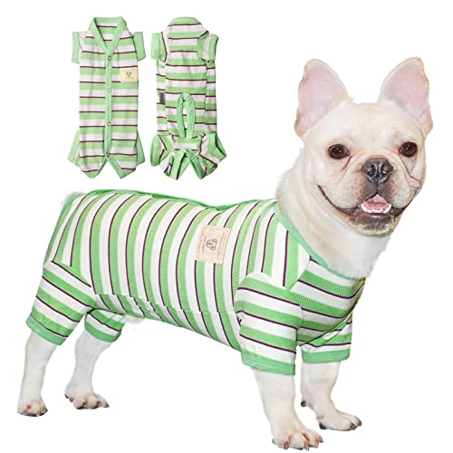 TONY HOBY Hunde-Pyjama, Overall für Rüden, Haustierkleidung mit grünen Streifen, 4-Bein-Pyjama, Hundekleidung für kleine, mittelgroße Hunde (Grün und Weiß, Junge, L) von TONY HOBY