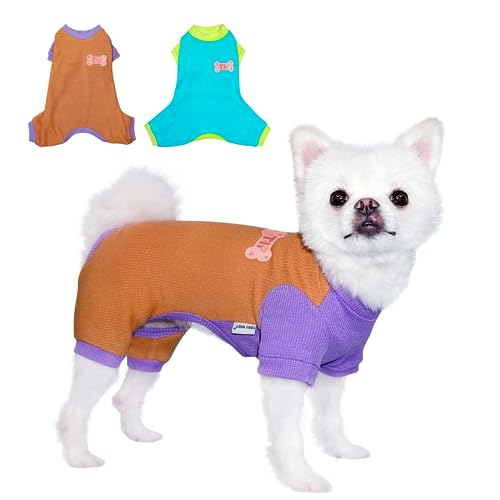 TONY HOBY Hunde-Pyjama, 4-beiniger Hunde-Overall, Pyjama, modische bunte Haustierkleidung für kleine und mittelgroße Hunde (2er-Pack, blau + braun, XS) von TONY HOBY