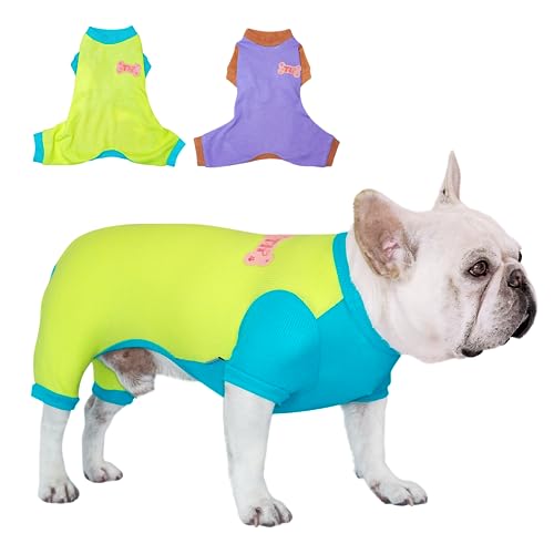 TONY HOBY Hunde-Pyjama, 4-beiniger Hunde-Pyjama, modische bunte Haustierkleidung für kleine und mittelgroße Hunde (2er-Pack, Grün + Lila, S) von TONY HOBY