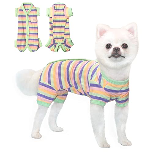 TONY HOBY Hunde-Pyjama, 4-beiniger Schlafanzug, Overall mit bunten Streifen, weibliche/männliche Hunde, Haustierkleidung für kleine und mittelgroße Hunde (Grün und Gelb, Mädchen, Größe L) von TONY HOBY
