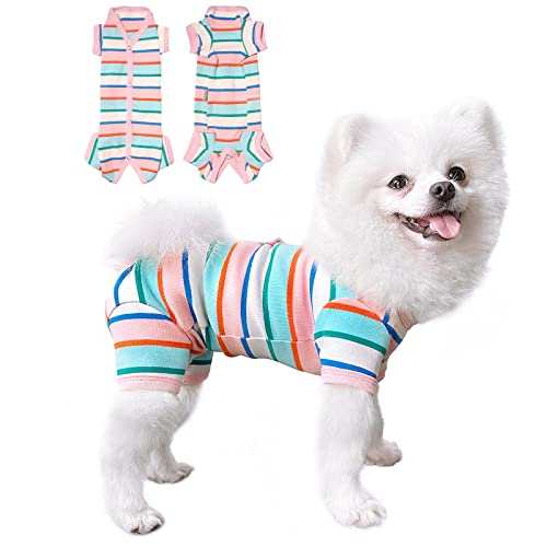TONY HOBY Hunde-Pyjama, Hundehemd, bunt, atmungsaktiv, Hunde-Overall, Einteiler für chirurgische Genesungsanzug für kleine und mittelgroße Hunde (Rosa und Weiß, Mädchen, XS) von TONY HOBY