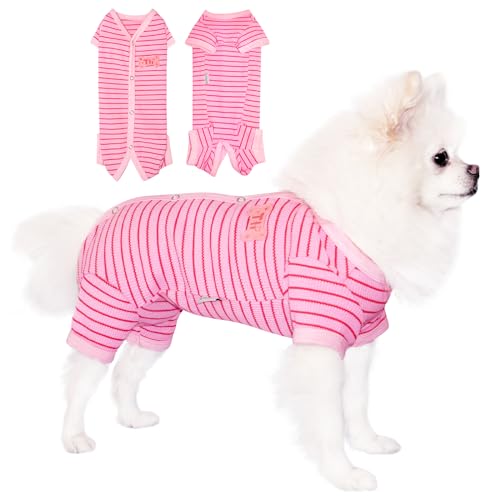 TONY HOBY Hunde-Pyjama, Hundeoverall mit Waffelstreifen, 4-beiniger Hunde-Pyjama für mittelgroße und kleine Hunde (Rosa, Mädchen, Größe S) von TONY HOBY
