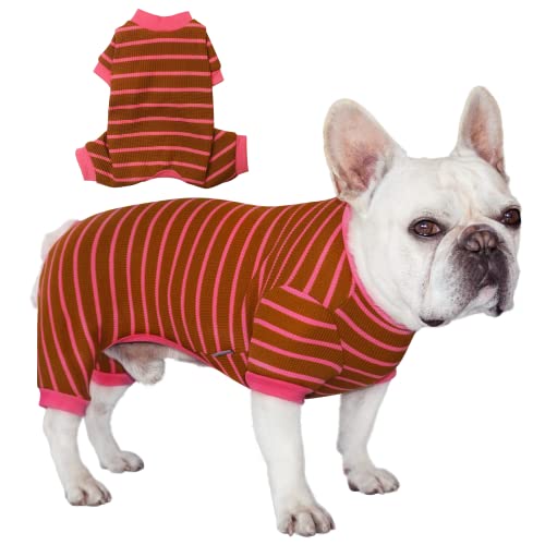 TONY HOBY Hunde-Pyjama, Welpen-Pyjama, Jumpsuit, Dooggie-Einteiler mit Strickstreifen, Haustierkleidung für kleine und mittelgroße Hunde (Braun/Rosa, Größe XS) von TONY HOBY