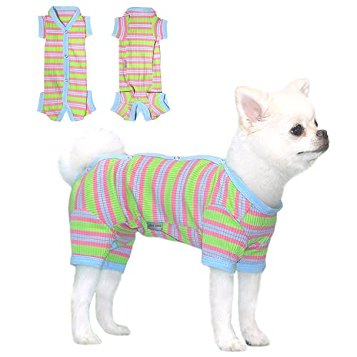 TONY HOBY Hunde-Pyjama, gestreift, 4 Beine, dehnbar, für kleine und mittelgroße Hunde, Grün / Weiß (S, Grün) von TONY HOBY