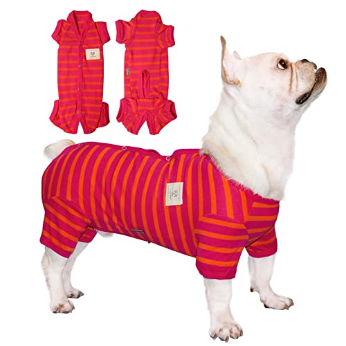 TONY HOBY Schlafanzug für weibliche und männliche Hunde, 4-beiniger Schlafanzug mit Streifen, weiche Baumwolle für bequemen Schlaf (Rosarot und Orange, Junge, Größe S) von TONY HOBY