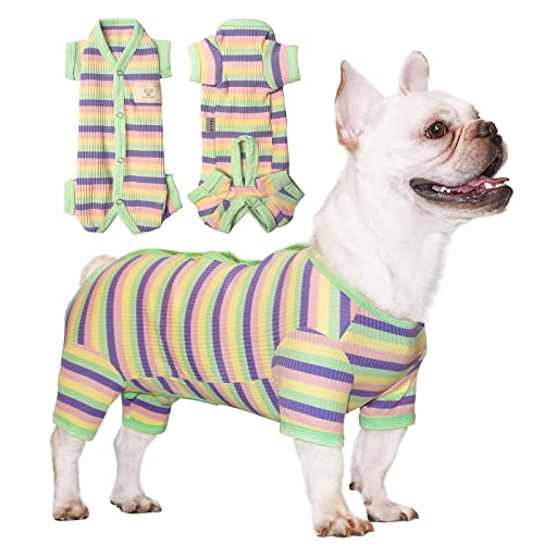 TONY HOBY Hunde-Pyjama, weibliche/männliche Hunde-Pyjama, Kleidung mit bunten Streifen, 4-beiniger Schlafanzug, Strickkleidung für kleine und mittelgroße Hunde (Grün und Gelb, Jungen, XL) von TONY HOBY