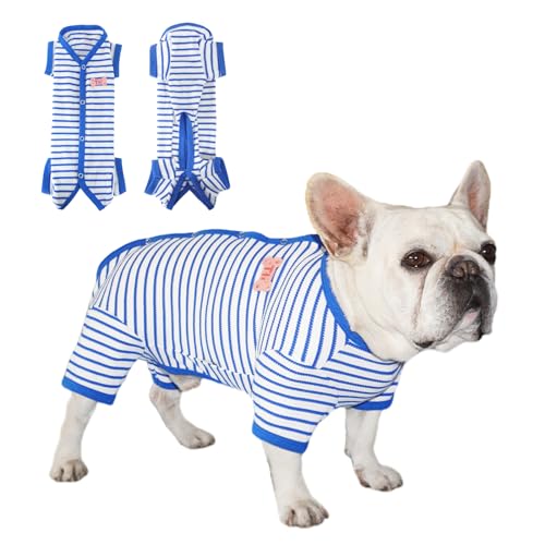 TONY HOBY Hunde-Pyjama für Herren, mit Waffelstreifen, 4-beiniger Hunde-Pyjama für mittelgroße und kleine Hunde (Blau und Weiß, Jungen, Größe M) von TONY HOBY
