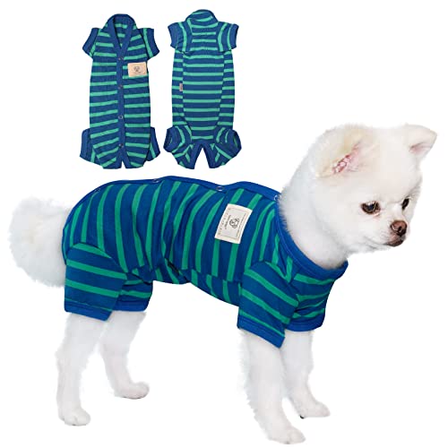 TONY HOBY Hunde-Pyjama für mittelgroße und kleine Hunde, Hundeoverall mit Streifen, 4-beiniger Schlafanzug, weicher Hunde-Einteiler (Blau und Grün, Mädchen, Größe M) von TONY HOBY