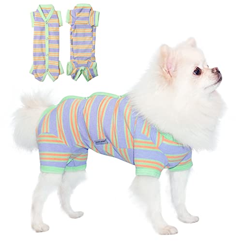TONY HOBY Hunde-Pyjama für weibliche und männliche Haustiere, bunt gestreift, 4 Beine, dehnbar, für Frühling und Sommer, Einteiler für kleine und mittelgroße Hunde, Größe L, Violett von TONY HOBY