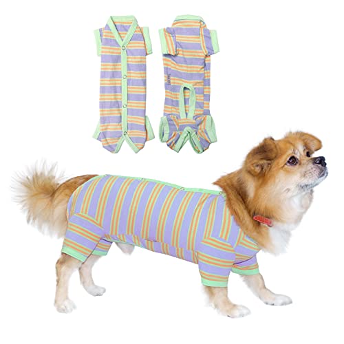 TONY HOBY Hunde-Pyjama, Overall für Rüden, Haustierkleidung, 4-beiniger Schlafanzug, Strickkleidung für kleine und mittelgroße Hunde (Grün und Lila, Junge, S) von TONY HOBY