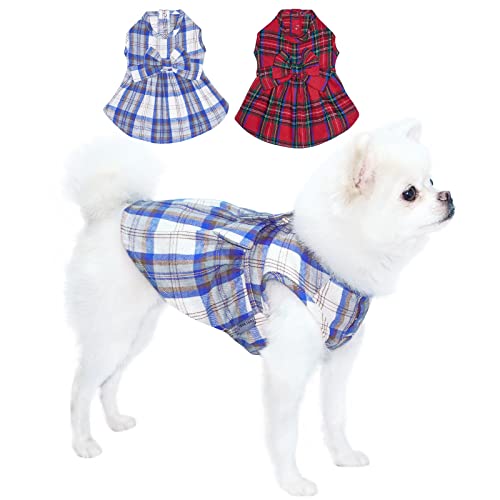 TONY HOBY Hundekleid, Hundepartykleid im Neujahr, klassisches kariertes Hunde-Abendkleid für kleine, mittelgroße Hunde (2 Stück, rot + blau, S) von TONY HOBY