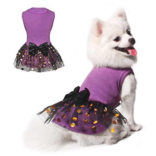 TONY HOBY Hundekleider, Halloween-Hundekostüme mit dick und warm, Welpenrock, Doggie-Party, Mädchen mit Schleife, Urlaubsoutfits für mittelgroße und kleine Hunde und Katzen, lila von TONY HOBY