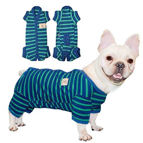 TONY HOBY Hundepyjama für Weiblich/Rüden, Hundeoverall mit Streifen für kleine mittelgroße Hunde, weich und bequem 4 Beine Pyjama Hundekleidung (Blau&Grün, Junge, L) von TONY HOBY