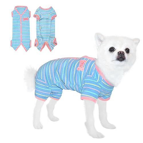 TONY HOBY Hundeschlafanzug für Hündinnen, Thermo-Pyjama mit Streifen, Hunde-Overall, Haustierkleidung für kleine und mittelgroße Hunde (Hellblau, Mädchen, Größe S) von TONY HOBY