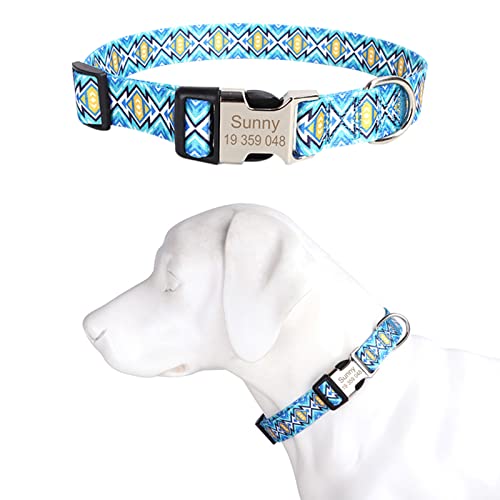 TONYFY Individuelle Hundehalsband Metallschnalle Hunde Namensschild Halsband Kostenlose Gravur Personalisierte Haustierhalsbänder Einstellbar für Kleine Mittlere Große Hund (Blaues Gitter, L) von TONYFY