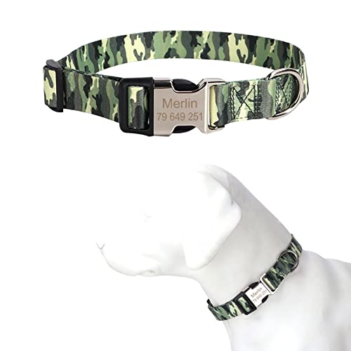TONYFY Individuelle Hundehalsband Metallschnalle Hunde Namensschild Halsband Kostenlose Gravur Personalisierte Haustierhalsbänder Einstellbar für Kleine Mittlere Große Hund (Grün Tarnmuster, M) von TONYFY
