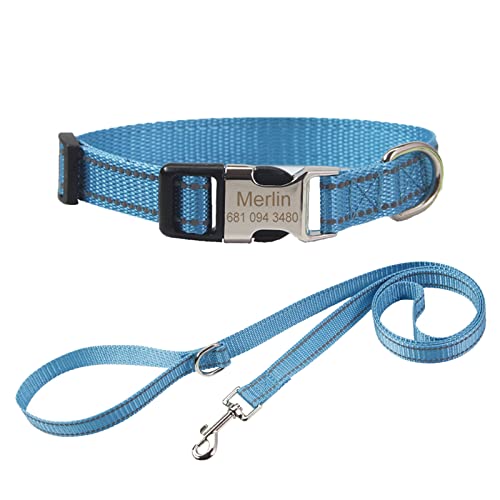 TONYFY Individuelle Nylon Hundehalsband, Personalisierte Reflektierende Haustier Halsband, Benutzerdefinierte Namen und Telefon Tag, mit Leine, für Große, Mittlere und Kleine Hunde (Blau, S) von TONYFY