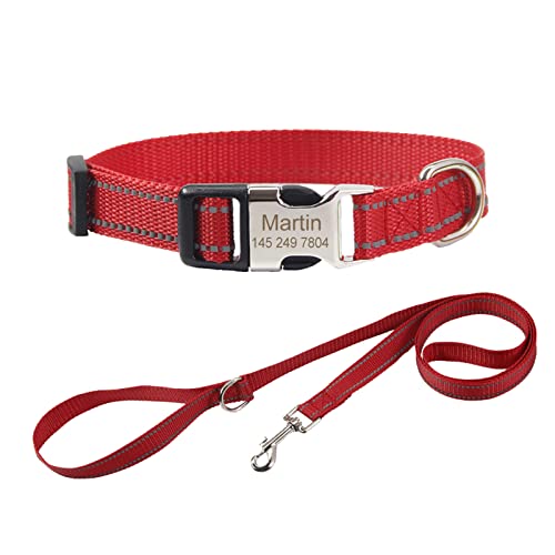 TONYFY Individuelle Nylon Hundehalsband, Personalisierte Reflektierende Haustier Halsband, Benutzerdefinierte Namen und Telefon Tag, mit Leine, für Große, Mittlere und Kleine Hunde (Rot, S) von TONYFY
