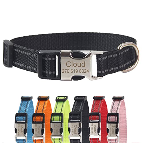 TONYFY Individuelle Nylon Hundehalsband, Personalisierte Reflektierende Haustier Halsband, Benutzerdefinierte Namen und Telefon Tag, mit Leine, für Große, Mittlere und Kleine Hunde (Schwarz, XS) von TONYFY