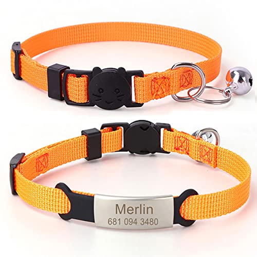 TONYFY Personalisierte Katzenhalsbänder - Individuelle Gravur Name und Telefon-ID-Tag, weiche Komfort verstellbare Haustier Halsband mit D-Ring und Glocke, für Katzen und Welpen (Orange) von TONYFY