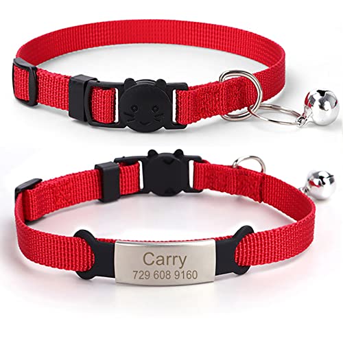 TONYFY Personalisierte Katzenhalsbänder - Individuelle Gravur Name und Telefon-ID-Tag, weiche Komfort verstellbare Haustier Halsband mit D-Ring und Glocke, für Katzen und Welpen (Rot) von TONYFY