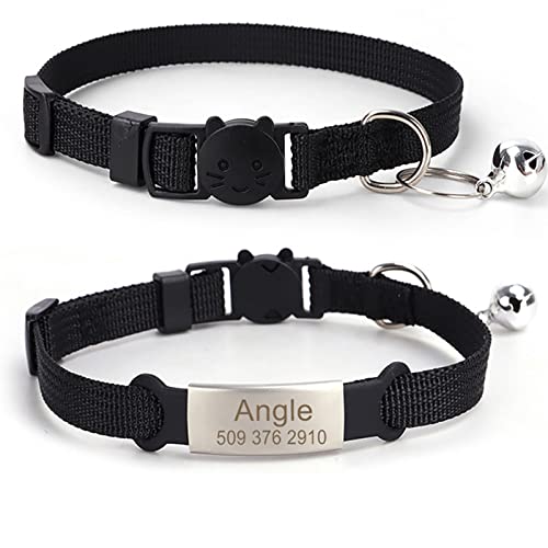 TONYFY Personalisierte Katzenhalsbänder - Individuelle Gravur Name und Telefon-ID-Tag, weiche Komfort verstellbare Haustier Halsband mit D-Ring und Glocke, für Katzen und Welpen (Schwarz) von TONYFY