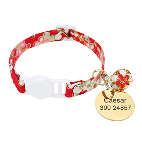 TONYFY Personalisierte Katzenhalsbänder - Individuelle Gravur Name und Telefonnumber ID-Tag, weiche Komfort verstellbare Haustier Halsband mit D-Ring und Glocke, für Katzen und Welpen (Rot) von TONYFY