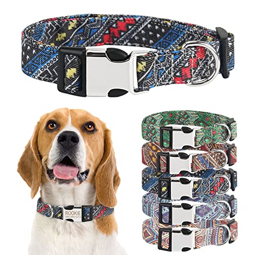 TONYFY Personalisiertes Hundehalsband, Modische Vintage-Bunte Muster, Individuelle Gravur Name & Nummer, Verstellbares Haustierhalsband Mit Tag, FüR Kleine, Mittel Hunde (Vintage blau schwarz, M) von TONYFY