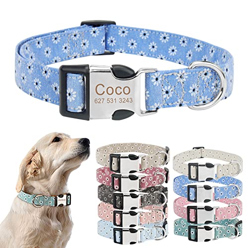 TONYFY Personalisiertes Hundehalsband mit Metallschnalle, individuelle Name und Nummer, verstellbares Haustierhalsband, Gänseblümchen Blumen Muster, für kleine, mittelgroße Hunde (Blau, L) TONYFY Personalisiertes Hundehalsband mit Metallschnalle, individuelle Name und Nummer, verstellbares Haustierhalsband, Gänseblümchen Blumen Muster, für kleine, mittelgroße Hunde (Blau, L) von TONYFY