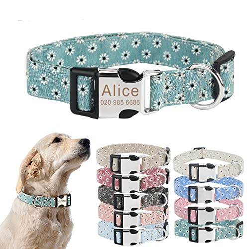 TONYFY Personalisiertes Hundehalsband mit Metallschnalle, individuelle Name und Nummer, verstellbares Haustierhalsband, Gänseblümchen Blumen Muster, für kleine, mittelgroße Hunde (Grün, S) TONYFY Personalisiertes Hundehalsband mit Metallschnalle, individuelle Name und Nummer, verstellbares Haustierhalsband, Gänseblümchen Blumen Muster, für kleine, mittelgroße Hunde (Grün, S) von TONYFY