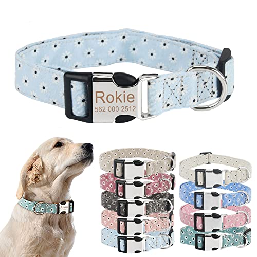 TONYFY Personalisiertes Hundehalsband mit Metallschnalle, individuelle Name und Nummer, verstellbares Haustierhalsband, Gänseblümchen Blumen Muster, für kleine, mittelgroße Hunde (Hellblau, M) von TONYFY