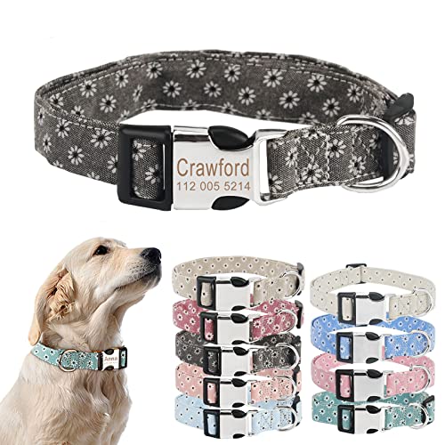 TONYFY Personalisiertes Hundehalsband mit Metallschnalle, individuelle Name und Nummer, verstellbares Haustierhalsband, Gänseblümchen Blumen Muster, für kleine, mittelgroße Hunde (Grau, XS) von TONYFY