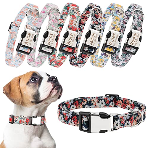 TONYFY Personalisiertes Hundehalsband, modische Vintage-Blumenmuster, individuelles Gravur Name und Telefonnummer ID-Tag, Verstellbares Haustierhalsband für kleine, mittel und große Hunde (A, XS) von TONYFY