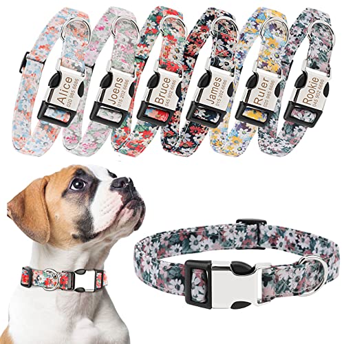 TONYFY Personalisiertes Hundehalsband, modische Vintage-Blumenmuster, individuelles Gravur Name und Telefonnummer ID-Tag, Verstellbares Haustierhalsband für kleine, mittel und große Hunde (B, L) von TONYFY