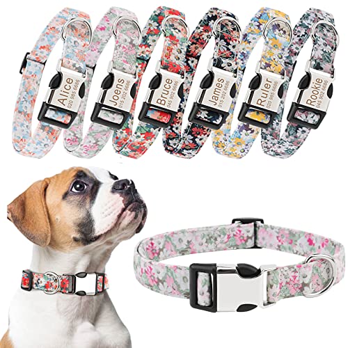 TONYFY Personalisiertes Hundehalsband, modische Vintage-Blumenmuster, individuelles Gravur Name und Telefonnummer ID-Tag, Verstellbares Haustierhalsband für kleine, mittel und große Hunde (C, L) von TONYFY