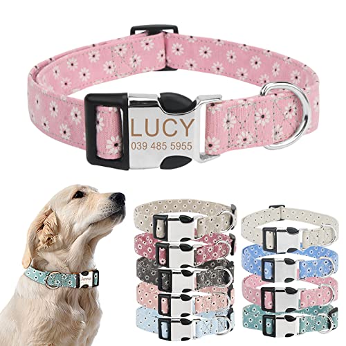 TONYFY Personalisiertes Hundehalsband mit Metallschnalle, individuelle Name und Nummer, verstellbares Haustierhalsband, Gänseblümchen Blumen Muster, für kleine, mittelgroße Hunde (Rosa, L) von TONYFY