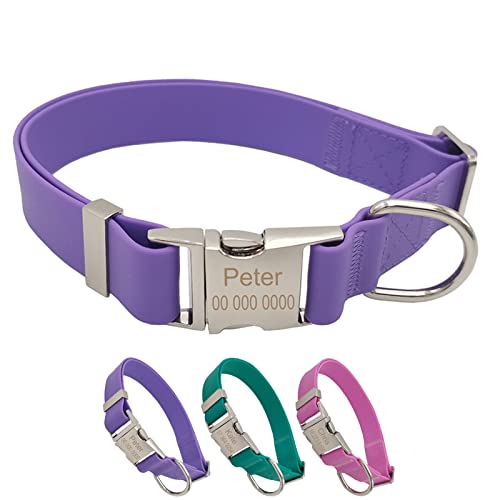 TONYFY Personalisiertes Silikon-Hundehalsband - PVC Wasserdicht Verstellbar Individuelles Hundehalsband, Kostenlose Gravur Name und Telefonnumber Haustierzubehör für Klein Mittel Groß Hunde (Lila-S) von TONYFY